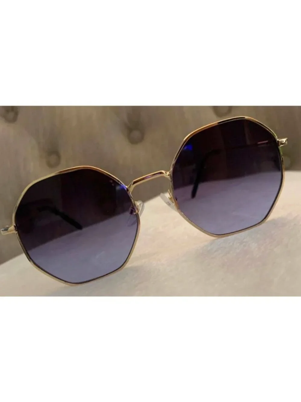 Unisex Octagonal Gold Metal Frame Gradient Black to Blue Lens Sunglasses